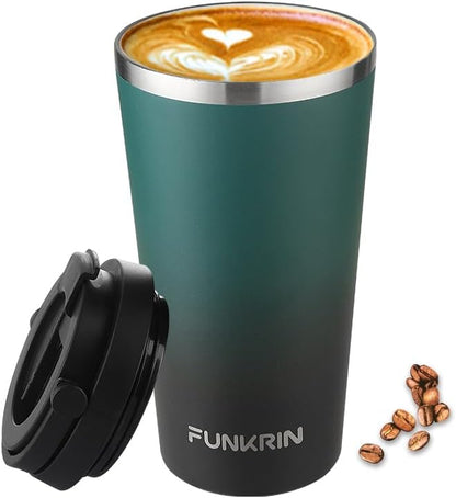 Insulated Coffee Mug with Ceramic Coating, 16oz Iced Coffee Tumbler Cup with Flip Lid and Handle, Double Wall Vacuum Leak-Proof Travel Mug for Office School Party Camping