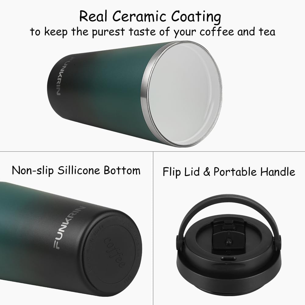 Insulated Coffee Mug with Ceramic Coating, 16oz Iced Coffee Tumbler Cup with Flip Lid and Handle, Double Wall Vacuum Leak-Proof Travel Mug for Office School Party Camping