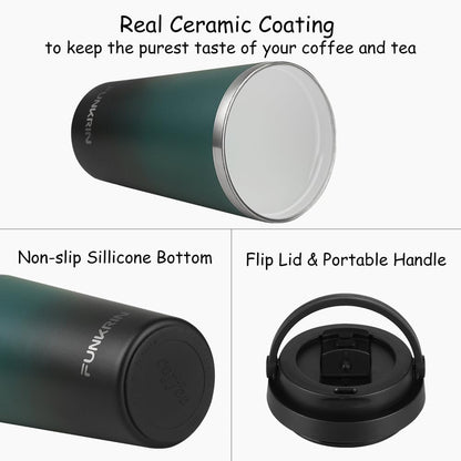 Insulated Coffee Mug with Ceramic Coating, 16oz Iced Coffee Tumbler Cup with Flip Lid and Handle, Double Wall Vacuum Leak-Proof Travel Mug for Office School Party Camping
