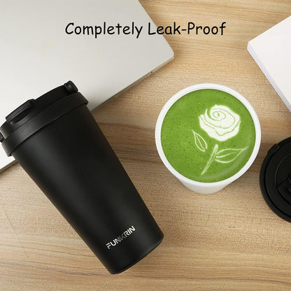 Insulated Coffee Mug with Ceramic Coating, 16oz Iced Coffee Tumbler Cup with Flip Lid and Handle, Double Wall Vacuum Leak-Proof Travel Mug for Office School Party Camping