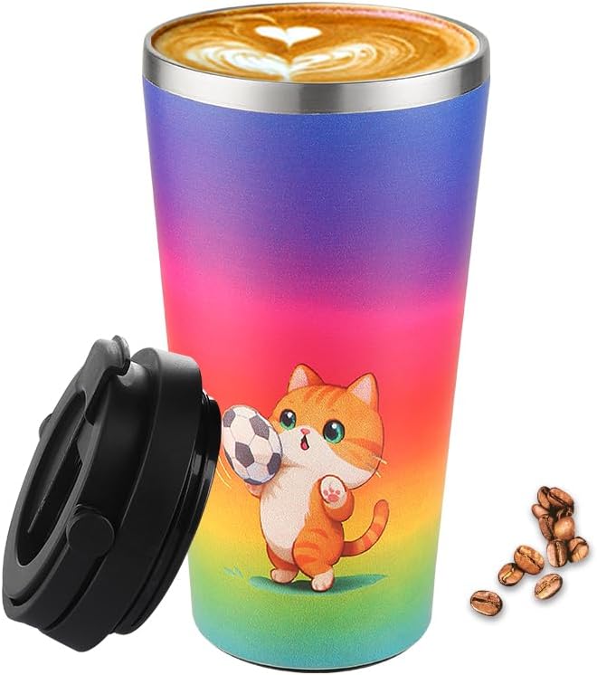 Insulated Coffee Mug with Ceramic Coating, 16oz Iced Coffee Tumbler Cup with Flip Lid and Handle, Double Wall Vacuum Leak-Proof Travel Mug for Office School Party Camping