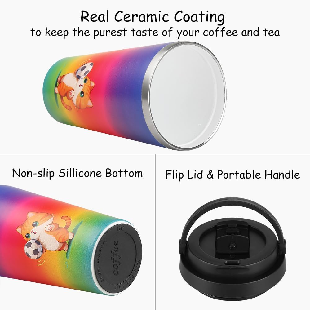 Insulated Coffee Mug with Ceramic Coating, 16oz Iced Coffee Tumbler Cup with Flip Lid and Handle, Double Wall Vacuum Leak-Proof Travel Mug for Office School Party Camping