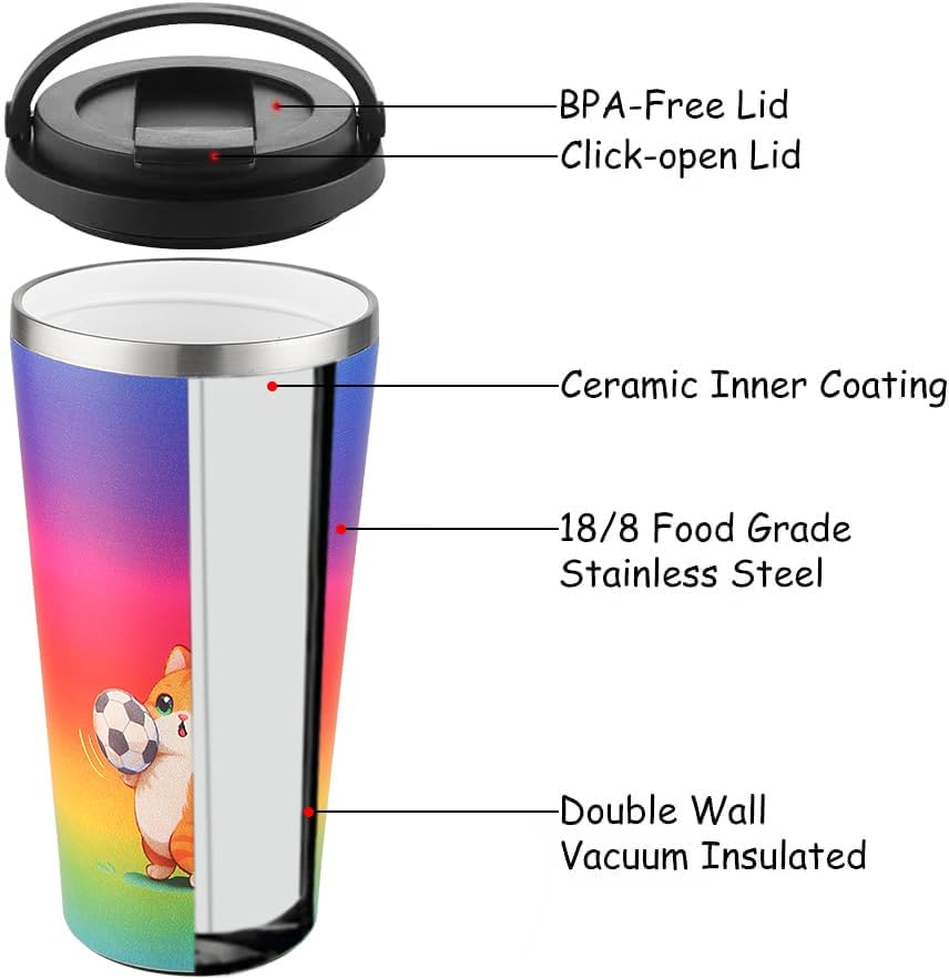 Insulated Coffee Mug with Ceramic Coating, 16oz Iced Coffee Tumbler Cup with Flip Lid and Handle, Double Wall Vacuum Leak-Proof Travel Mug for Office School Party Camping