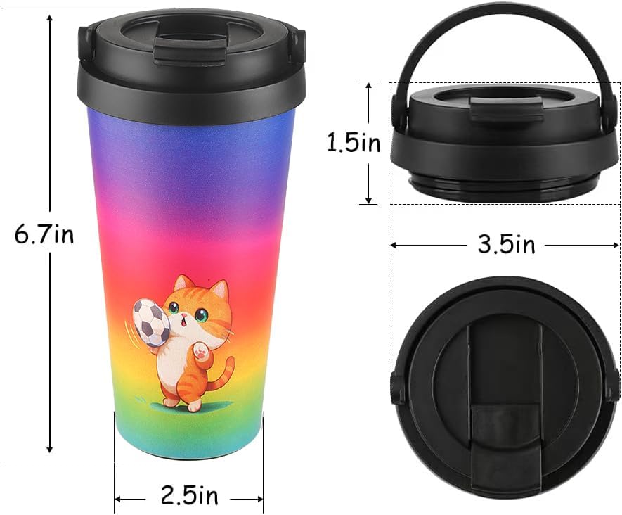 Insulated Coffee Mug with Ceramic Coating, 16oz Iced Coffee Tumbler Cup with Flip Lid and Handle, Double Wall Vacuum Leak-Proof Travel Mug for Office School Party Camping