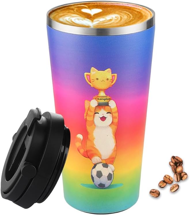 Insulated Coffee Mug with Ceramic Coating, 16oz Iced Coffee Tumbler Cup with Flip Lid and Handle, Double Wall Vacuum Leak-Proof Travel Mug for Office School Party Camping