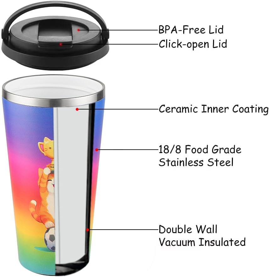 Insulated Coffee Mug with Ceramic Coating, 16oz Iced Coffee Tumbler Cup with Flip Lid and Handle, Double Wall Vacuum Leak-Proof Travel Mug for Office School Party Camping