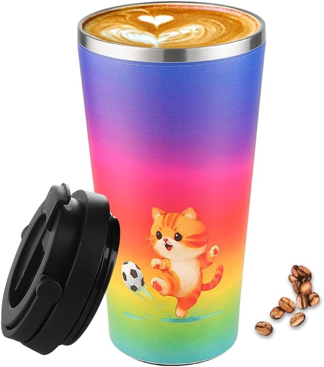 Insulated Coffee Mug with Ceramic Coating, 16oz Iced Coffee Tumbler Cup with Flip Lid and Handle, Double Wall Vacuum Leak-Proof Travel Mug for Office School Party Camping