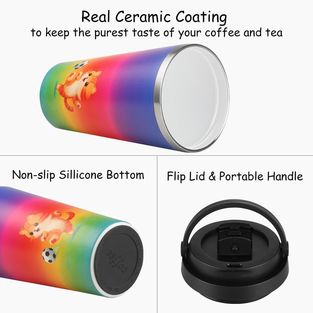 Insulated Coffee Mug with Ceramic Coating, 16oz Iced Coffee Tumbler Cup with Flip Lid and Handle, Double Wall Vacuum Leak-Proof Travel Mug for Office School Party Camping