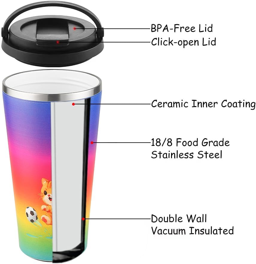 Insulated Coffee Mug with Ceramic Coating, 16oz Iced Coffee Tumbler Cup with Flip Lid and Handle, Double Wall Vacuum Leak-Proof Travel Mug for Office School Party Camping