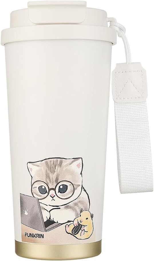 Insulated Coffee Mug with Ceramic Coating, 16oz Iced Coffee Tumbler Cup with Flip Lid and Handle, Double Wall Vacuum Leak-Proof Travel Mug for Office School Party Camping