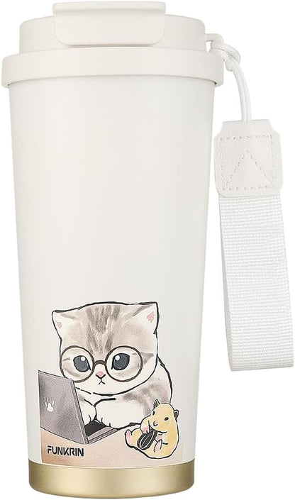 Insulated Coffee Mug with Ceramic Coating, 16oz Iced Coffee Tumbler Cup with Flip Lid and Handle, Double Wall Vacuum Leak-Proof Travel Mug for Office School Party Camping