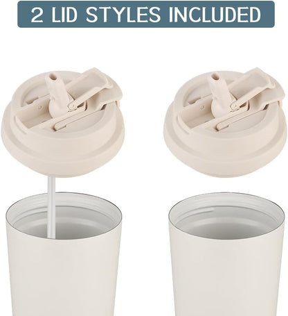 Insulated Coffee Mug with Ceramic Coating, 16oz Iced Coffee Tumbler Cup with Flip Lid and Handle, Double Wall Vacuum Leak-Proof Travel Mug for Office School Party Camping