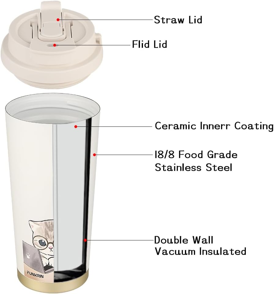 Insulated Coffee Mug with Ceramic Coating, 16oz Iced Coffee Tumbler Cup with Flip Lid and Handle, Double Wall Vacuum Leak-Proof Travel Mug for Office School Party Camping
