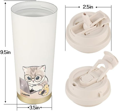 Insulated Coffee Mug with Ceramic Coating, 16oz Iced Coffee Tumbler Cup with Flip Lid and Handle, Double Wall Vacuum Leak-Proof Travel Mug for Office School Party Camping