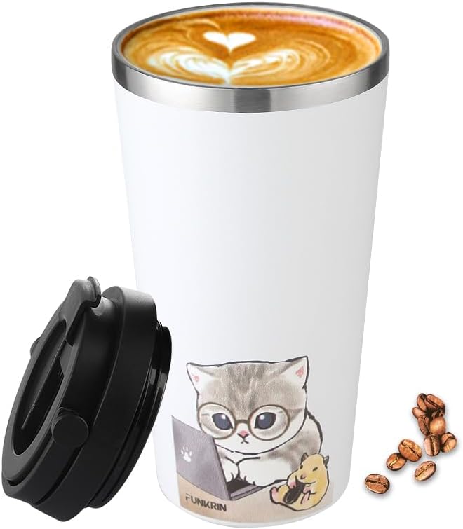 Insulated Coffee Mug with Ceramic Coating, 16oz Iced Coffee Tumbler Cup with Flip Lid and Handle, Double Wall Vacuum Leak-Proof Travel Mug for Office School Party Camping