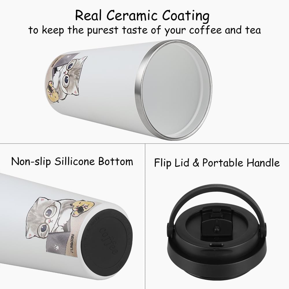 Insulated Coffee Mug with Ceramic Coating, 16oz Iced Coffee Tumbler Cup with Flip Lid and Handle, Double Wall Vacuum Leak-Proof Travel Mug for Office School Party Camping