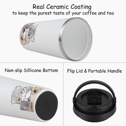 Insulated Coffee Mug with Ceramic Coating, 16oz Iced Coffee Tumbler Cup with Flip Lid and Handle, Double Wall Vacuum Leak-Proof Travel Mug for Office School Party Camping