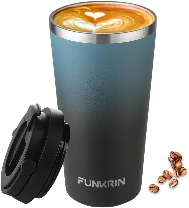 Insulated Coffee Mug with Ceramic Coating, 16oz Iced Coffee Tumbler Cup with Flip Lid and Handle, Double Wall Vacuum Leak-Proof Travel Mug for Office School Party Camping