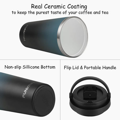 Insulated Coffee Mug with Ceramic Coating, 16oz Iced Coffee Tumbler Cup with Flip Lid and Handle, Double Wall Vacuum Leak-Proof Travel Mug for Office School Party Camping