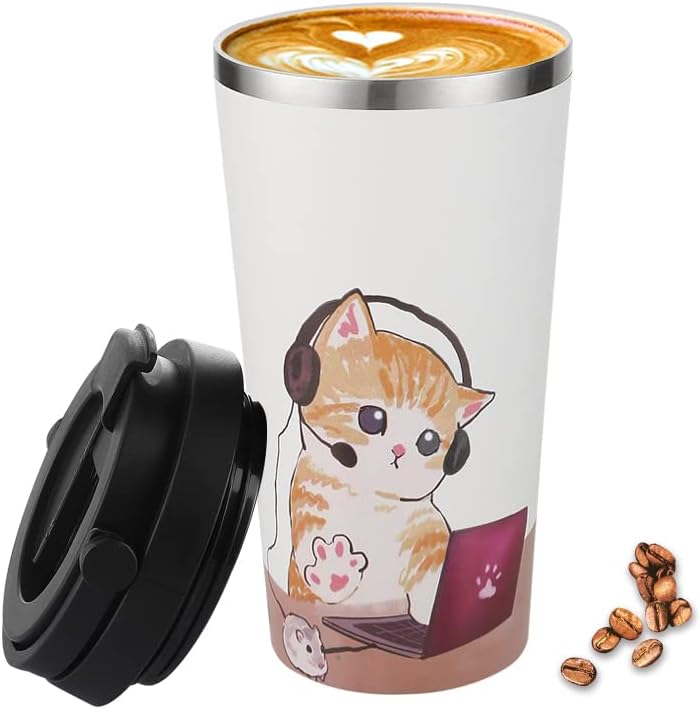 Insulated Coffee Mug with Ceramic Coating, 16oz Iced Coffee Tumbler Cup with Flip Lid and Handle, Double Wall Vacuum Leak-Proof Travel Mug for Office School Party Camping