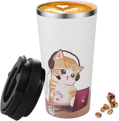 Insulated Coffee Mug with Ceramic Coating, 16oz Iced Coffee Tumbler Cup with Flip Lid and Handle, Double Wall Vacuum Leak-Proof Travel Mug for Office School Party Camping