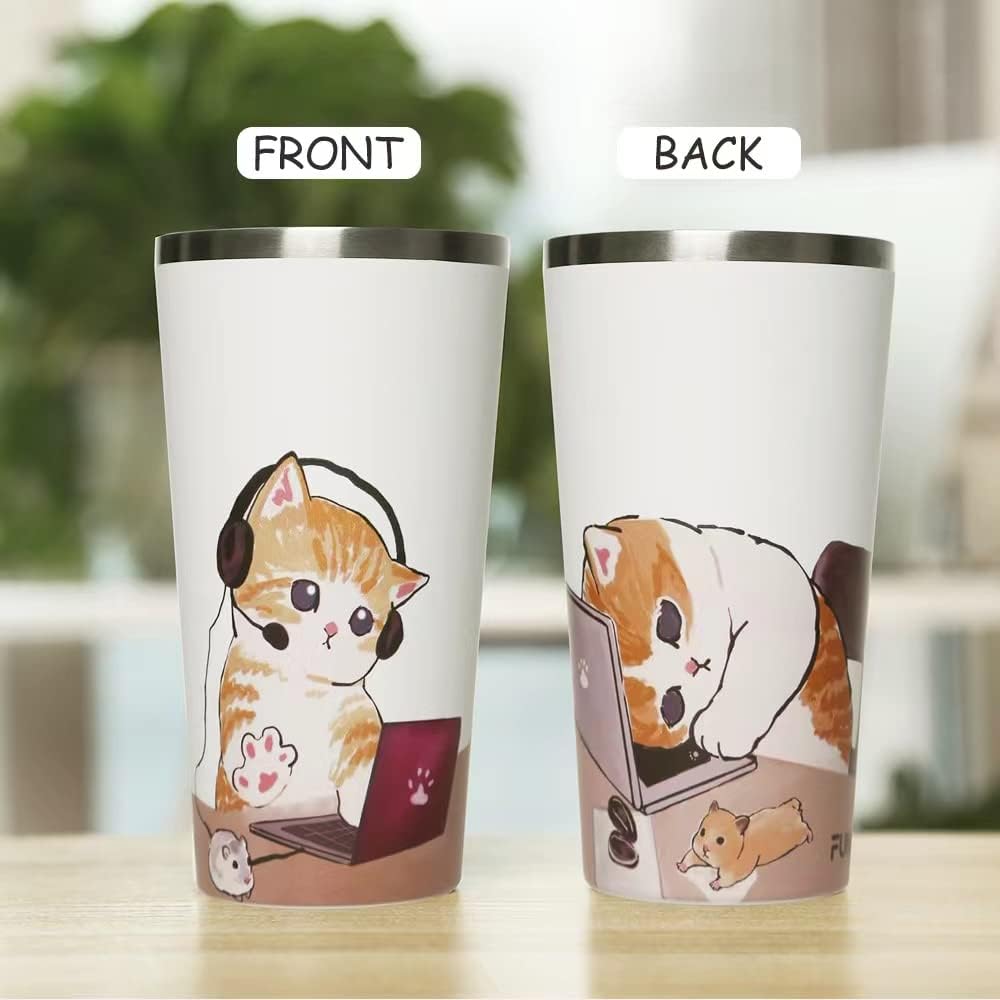 Insulated Coffee Mug with Ceramic Coating, 16oz Iced Coffee Tumbler Cup with Flip Lid and Handle, Double Wall Vacuum Leak-Proof Travel Mug for Office School Party Camping