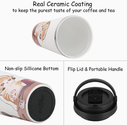 Insulated Coffee Mug with Ceramic Coating, 16oz Iced Coffee Tumbler Cup with Flip Lid and Handle, Double Wall Vacuum Leak-Proof Travel Mug for Office School Party Camping