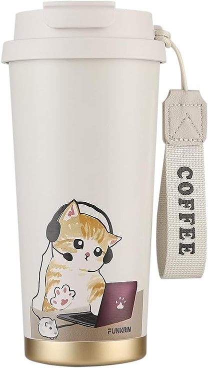 Insulated Coffee Mug with Ceramic Coating, 16oz Iced Coffee Tumbler Cup with Flip Lid and Handle, Double Wall Vacuum Leak-Proof Travel Mug for Office School Party Camping