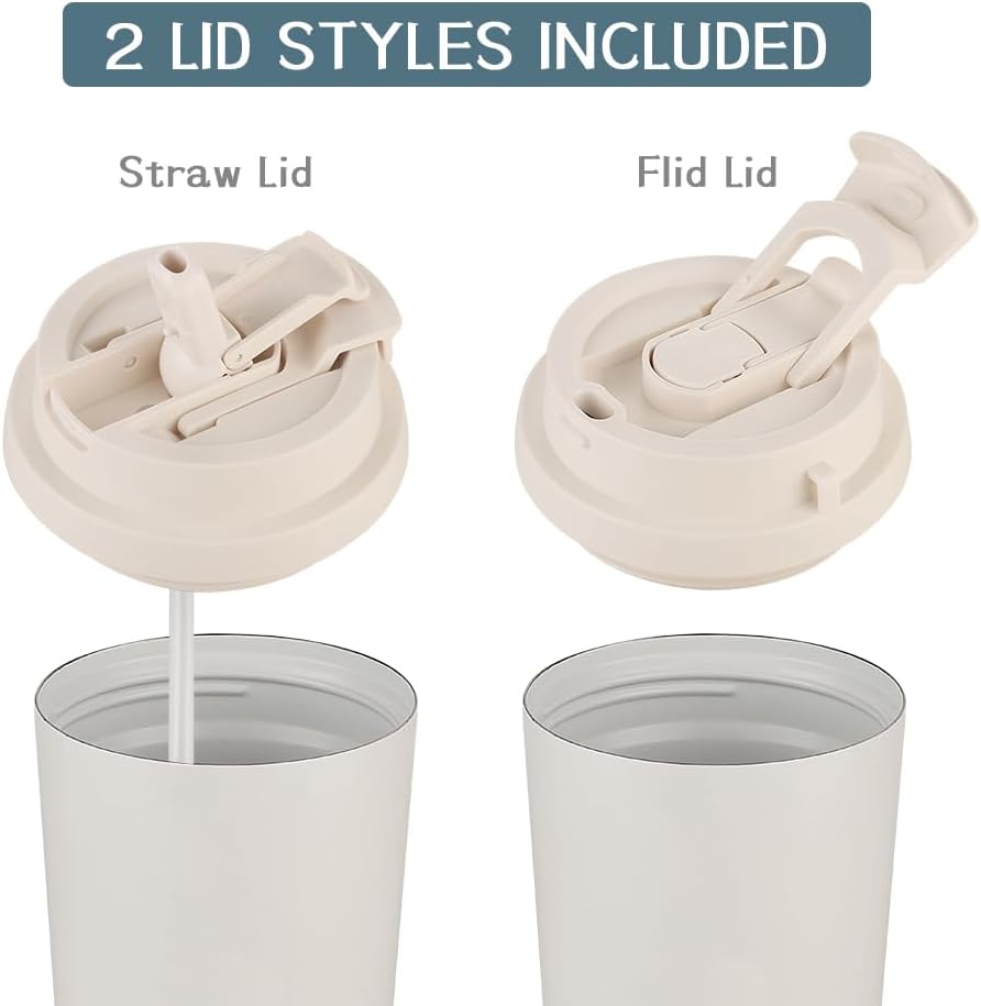 Insulated Coffee Mug with Ceramic Coating, 16oz Iced Coffee Tumbler Cup with Flip Lid and Handle, Double Wall Vacuum Leak-Proof Travel Mug for Office School Party Camping