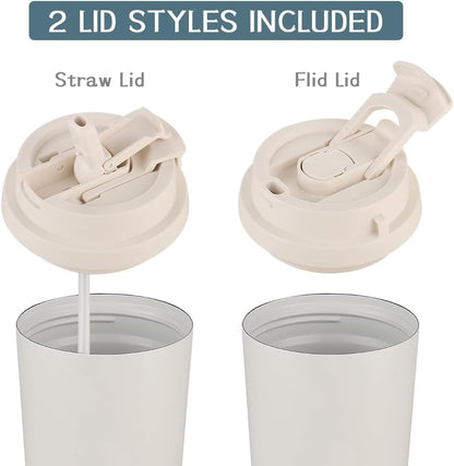 Insulated Coffee Mug with Ceramic Coating, 16oz Iced Coffee Tumbler Cup with Flip Lid and Handle, Double Wall Vacuum Leak-Proof Travel Mug for Office School Party Camping