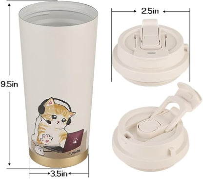 Insulated Coffee Mug with Ceramic Coating, 16oz Iced Coffee Tumbler Cup with Flip Lid and Handle, Double Wall Vacuum Leak-Proof Travel Mug for Office School Party Camping