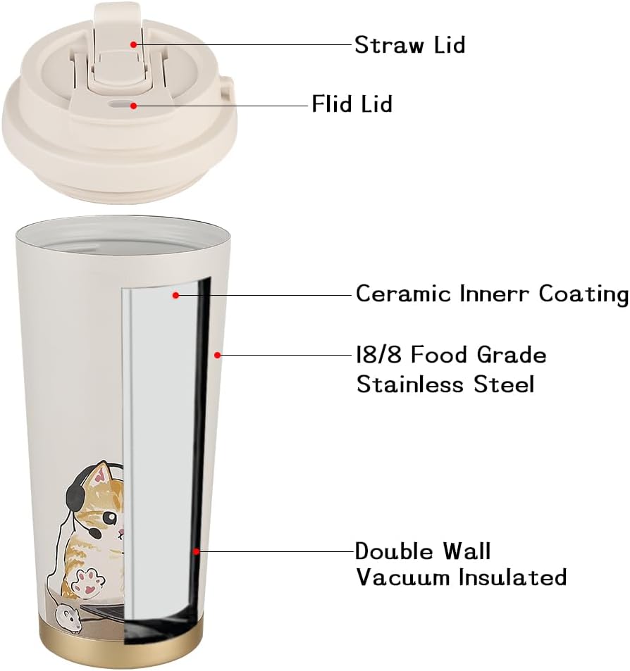 Insulated Coffee Mug with Ceramic Coating, 16oz Iced Coffee Tumbler Cup with Flip Lid and Handle, Double Wall Vacuum Leak-Proof Travel Mug for Office School Party Camping