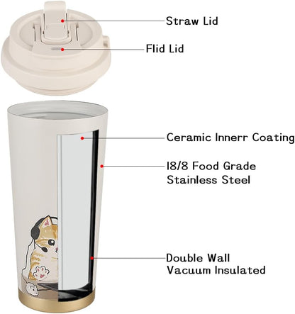 Insulated Coffee Mug with Ceramic Coating, 16oz Iced Coffee Tumbler Cup with Flip Lid and Handle, Double Wall Vacuum Leak-Proof Travel Mug for Office School Party Camping