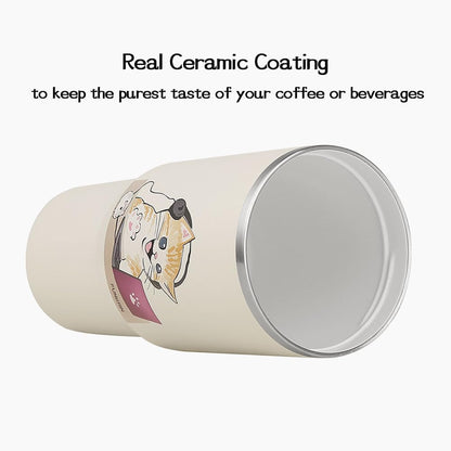 Insulated Coffee Mug with Ceramic Coating, 16oz Iced Coffee Tumbler Cup with Flip Lid and Handle, Double Wall Vacuum Leak-Proof Travel Mug for Office School Party Camping