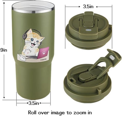 Insulated Coffee Mug with Ceramic Coating, 16oz Iced Coffee Tumbler Cup with Flip Lid and Handle, Double Wall Vacuum Leak-Proof Travel Mug for Office School Party Camping