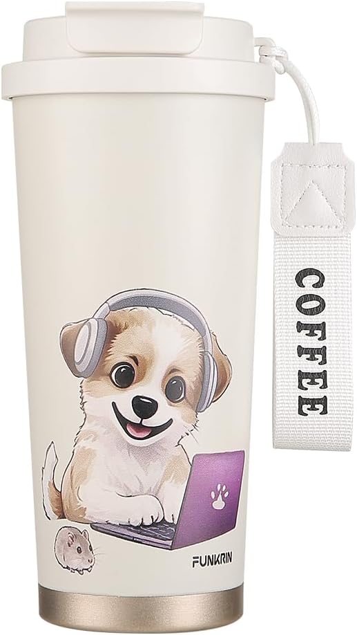 Insulated Coffee Mug with Ceramic Coating, 16oz Iced Coffee Tumbler Cup with Flip Lid and Handle, Double Wall Vacuum Leak-Proof Travel Mug for Office School Party Camping
