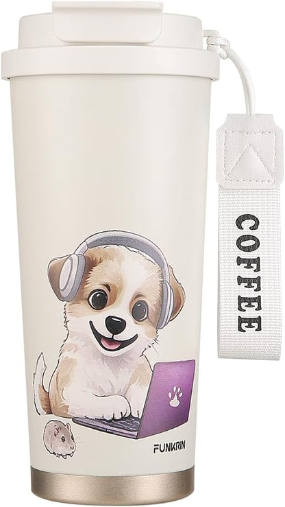 Insulated Coffee Mug with Ceramic Coating, 16oz Iced Coffee Tumbler Cup with Flip Lid and Handle, Double Wall Vacuum Leak-Proof Travel Mug for Office School Party Camping