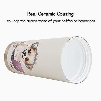 Insulated Coffee Mug with Ceramic Coating, 16oz Iced Coffee Tumbler Cup with Flip Lid and Handle, Double Wall Vacuum Leak-Proof Travel Mug for Office School Party Camping