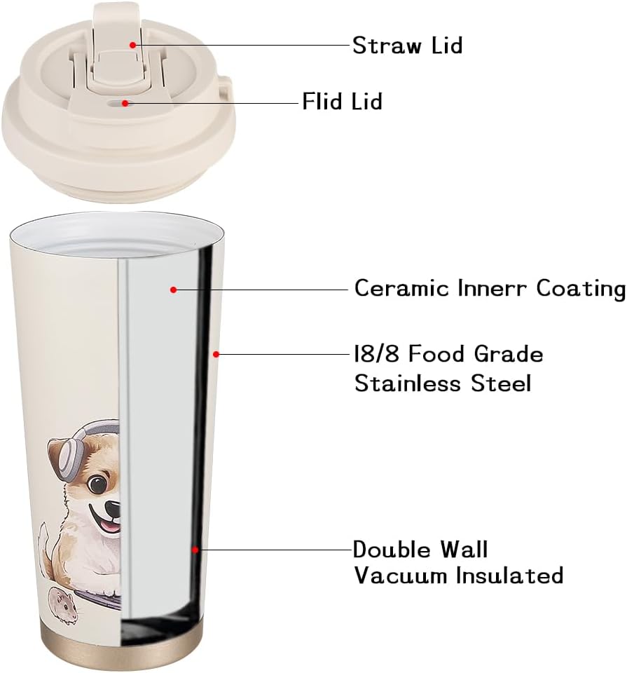Insulated Coffee Mug with Ceramic Coating, 16oz Iced Coffee Tumbler Cup with Flip Lid and Handle, Double Wall Vacuum Leak-Proof Travel Mug for Office School Party Camping