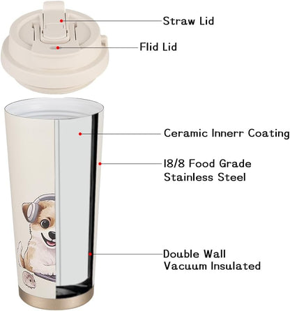 Insulated Coffee Mug with Ceramic Coating, 16oz Iced Coffee Tumbler Cup with Flip Lid and Handle, Double Wall Vacuum Leak-Proof Travel Mug for Office School Party Camping