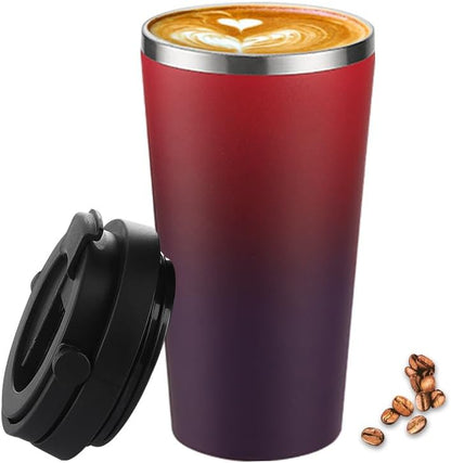 Insulated Coffee Mug with Ceramic Coating, 16oz Iced Coffee Tumbler Cup with Flip Lid and Handle, Double Wall Vacuum Leak-Proof Travel Mug for Office School Party Camping