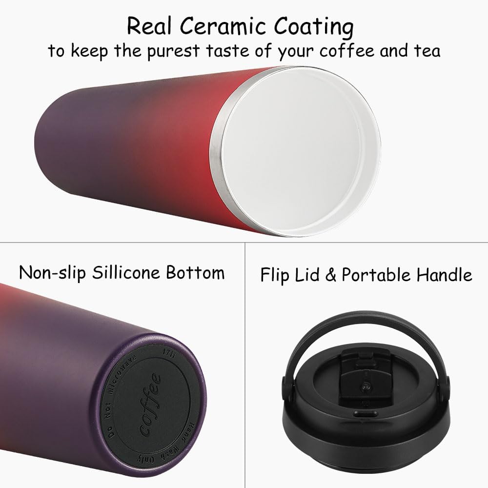 Insulated Coffee Mug with Ceramic Coating, 16oz Iced Coffee Tumbler Cup with Flip Lid and Handle, Double Wall Vacuum Leak-Proof Travel Mug for Office School Party Camping