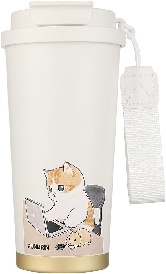 Insulated Coffee Mug with Ceramic Coating, 16oz Iced Coffee Tumbler Cup with Flip Lid and Handle, Double Wall Vacuum Leak-Proof Travel Mug for Office School Party Camping