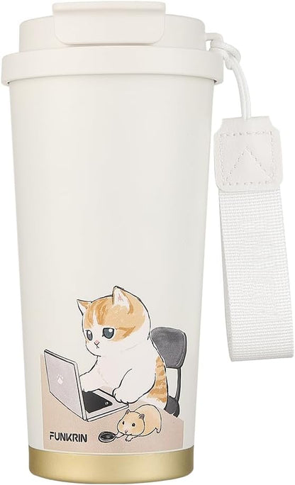 Insulated Coffee Mug with Ceramic Coating, 16oz Iced Coffee Tumbler Cup with Flip Lid and Handle, Double Wall Vacuum Leak-Proof Travel Mug for Office School Party Camping