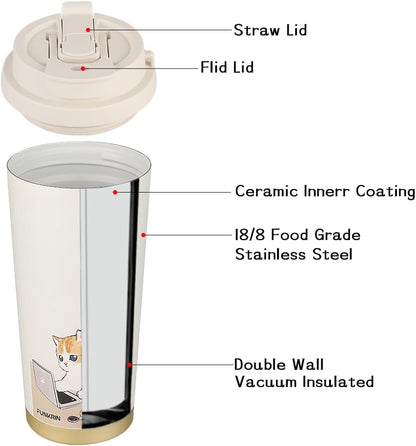Insulated Coffee Mug with Ceramic Coating, 16oz Iced Coffee Tumbler Cup with Flip Lid and Handle, Double Wall Vacuum Leak-Proof Travel Mug for Office School Party Camping