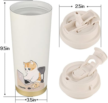 Insulated Coffee Mug with Ceramic Coating, 16oz Iced Coffee Tumbler Cup with Flip Lid and Handle, Double Wall Vacuum Leak-Proof Travel Mug for Office School Party Camping