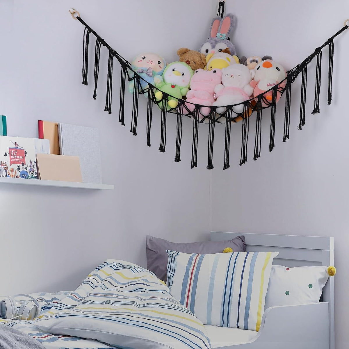 Stuffed Animal Hammock Corner, Hand-knitted Large Plushie Net Toy Hammock with Wooden Rings | Boho Cute Stuff Animal Storage for Nursery & Bedroom | Mesh Kids Toy Organizer Holder Nursery Room Decor