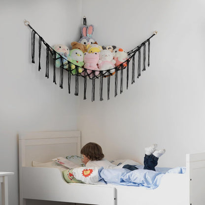 Stuffed Animal Hammock Corner, Hand-knitted Large Plushie Net Toy Hammock with Wooden Rings | Boho Cute Stuff Animal Storage for Nursery & Bedroom | Mesh Kids Toy Organizer Holder Nursery Room Decor