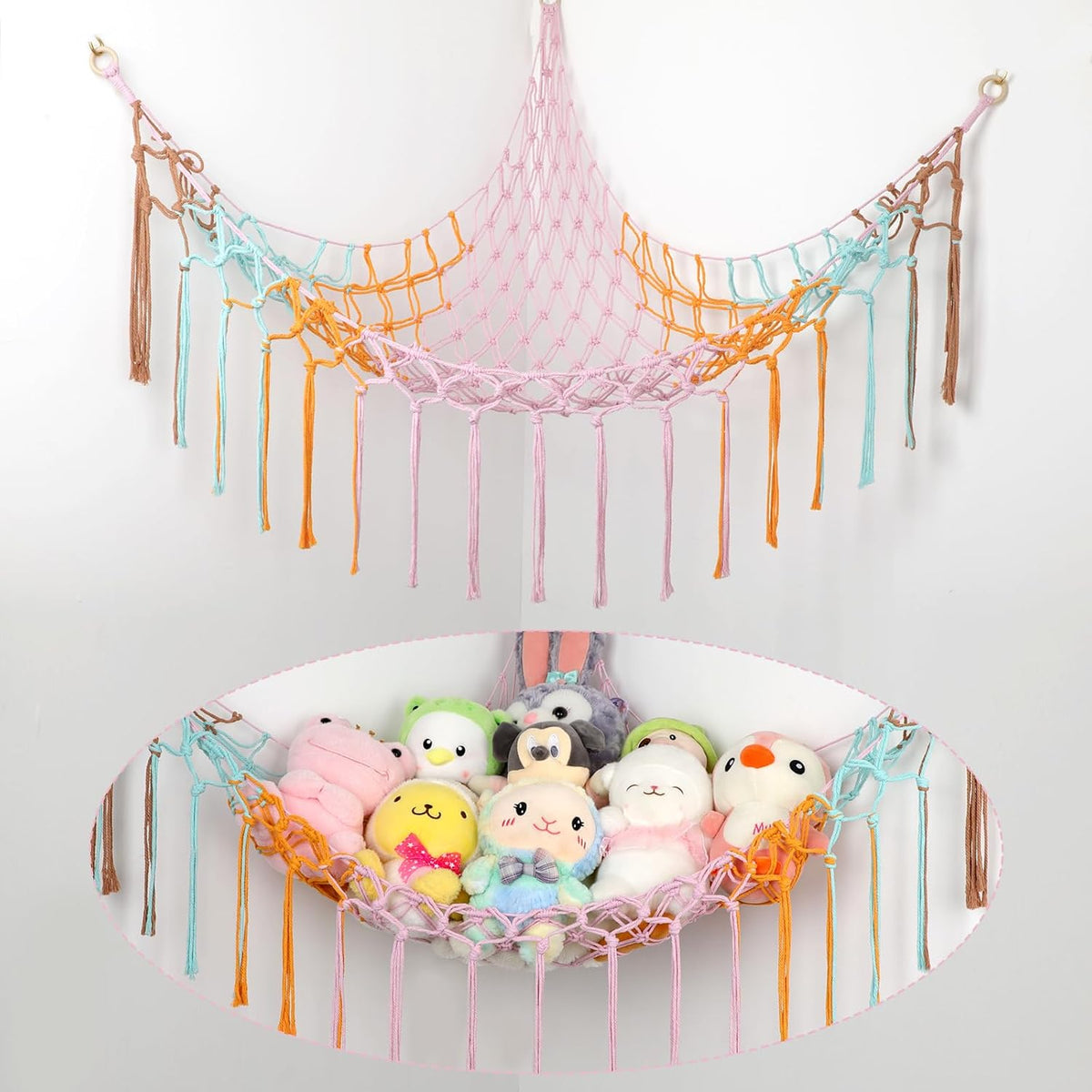 Stuffed Animal Hammock Corner, Hand-knitted Large Plushie Net Toy Hammock with Wooden Rings | Boho Cute Stuff Animal Storage for Nursery & Bedroom | Mesh Kids Toy Organizer Holder Nursery Room Decor