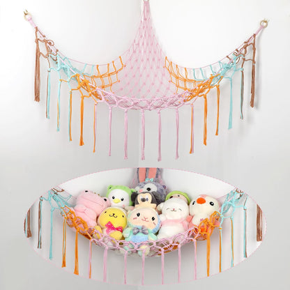 Stuffed Animal Hammock Corner, Hand-knitted Large Plushie Net Toy Hammock with Wooden Rings | Boho Cute Stuff Animal Storage for Nursery & Bedroom | Mesh Kids Toy Organizer Holder Nursery Room Decor
